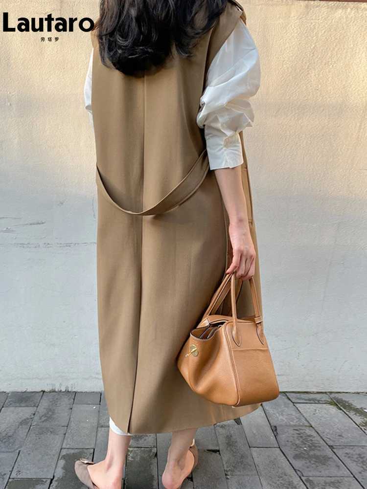 Lautaro Spring Autumn Long Khaki Sleeveless Trench Coat for Women with Belt Double Breasted Loose Casual Vest 2023 New ArrivalsX240921