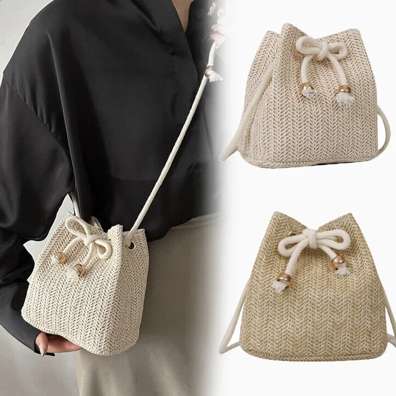 Fashion Womens Soft Woven Cross Body Bag Drawstring Straw Shoulder Bags Ladies Summer Travel Leisure Beach Handbag 2024 240919