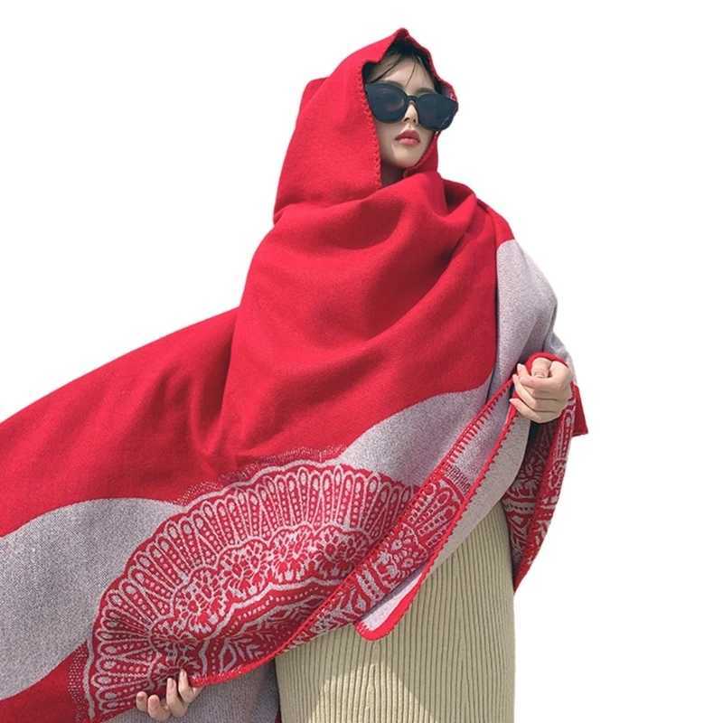 Winter Knitted Large Shawl Bohemian Geometric Printed Raincoat with Hoodie Suitable for Women W240921
