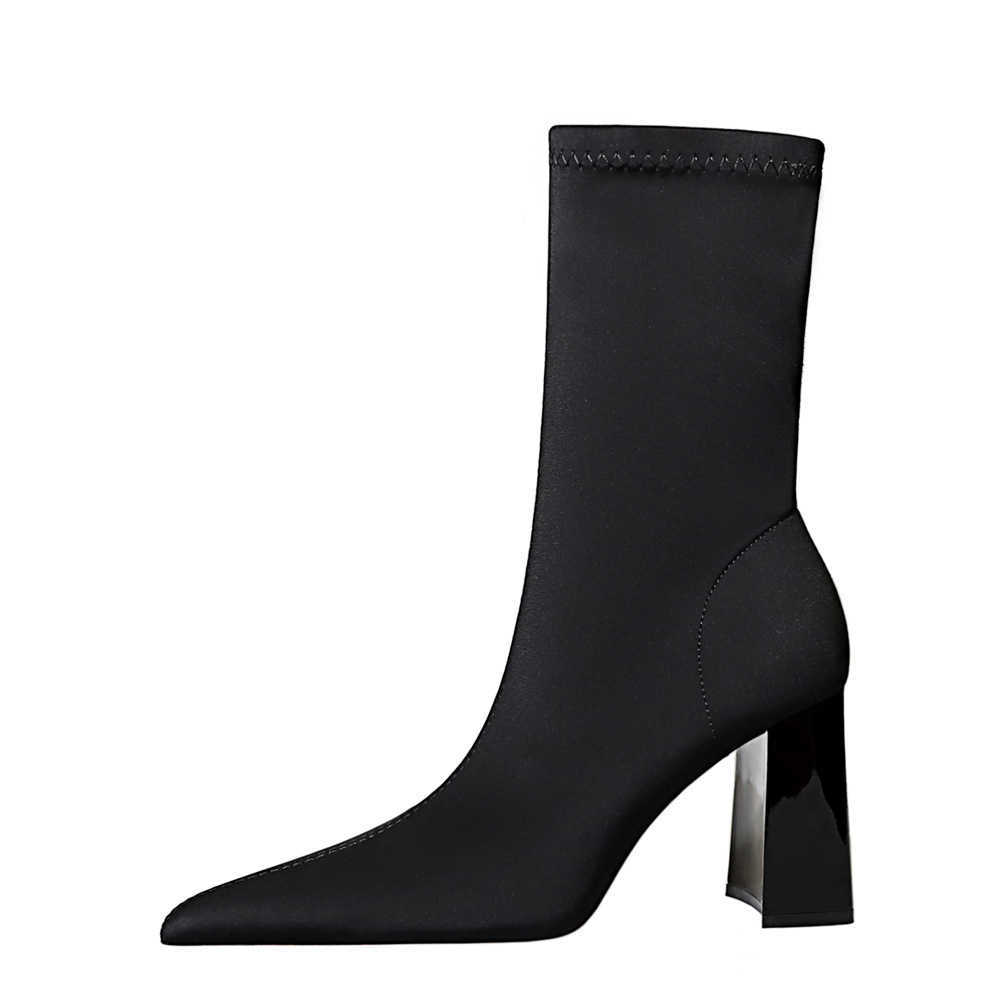 CMM Sexy Slim Fit Thick Heels Ultra High Heels Elastic Lycra Pointed Slim Boots Womens Boots Short Boots