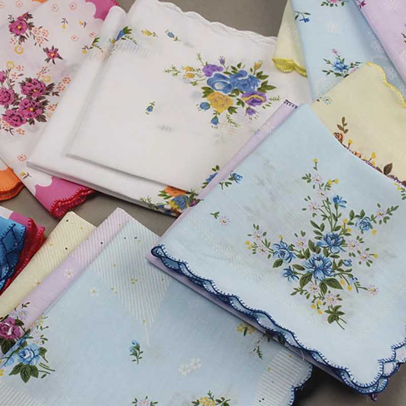 Cotton handle womens wavy edge flower pattern square womens handle casual retro pocket items on hand W240921