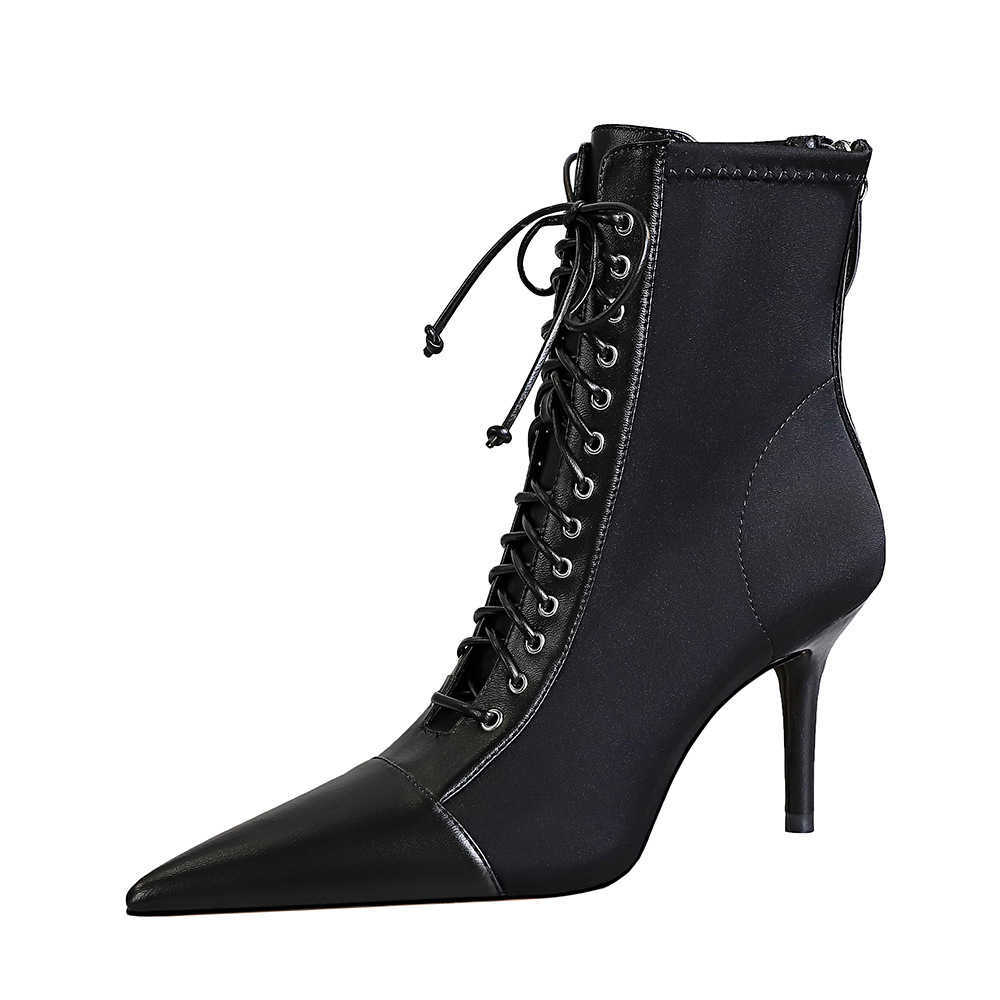 CMM Korean Fashion Sexy Slim Womens Boots Thin Heels High Heels Shallow Mouth Lace Up Cross Short Boots