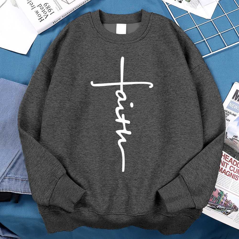 Faith Cross Letter Print Mens Hoodie Harajuku Wool Sweatshirt Loose Autumn Mens Street Fashion Warm Hoodie Womens Top W240921