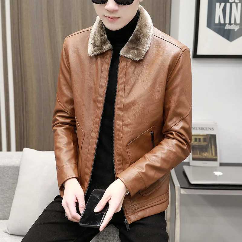Mens thick wool Pu leather jacket mens casual fashion ultra-thin windproof jacket mens artificial fur plush coat winter velvet warm W240918