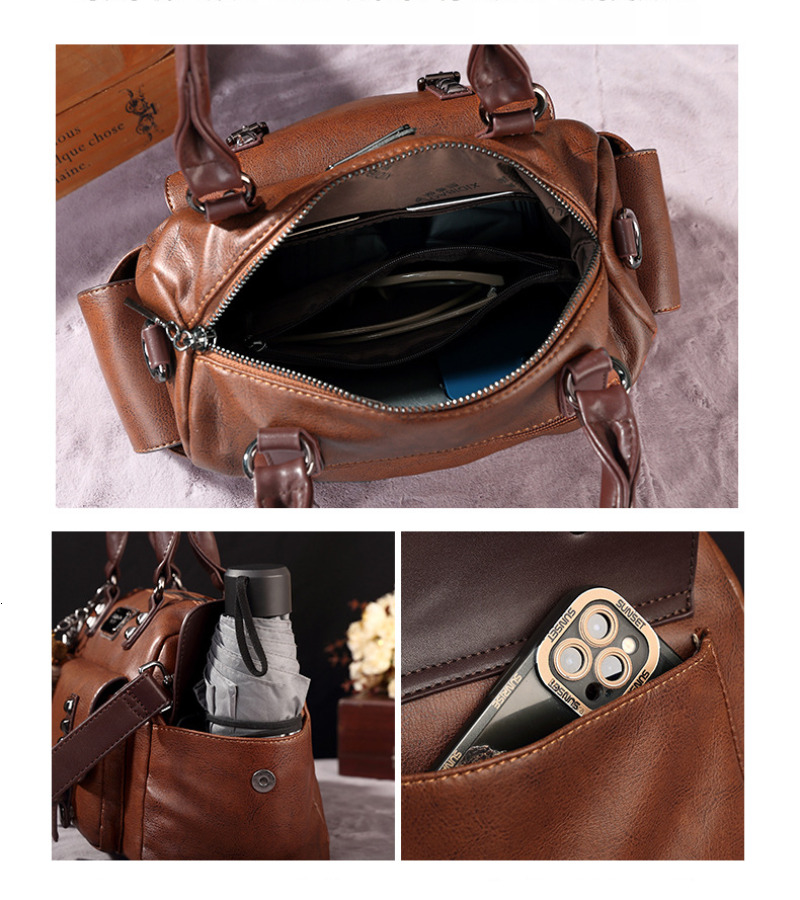 New Retro PU Leather Women's Messenger Large Portable Contrast Pillow Boston Handbag Fashion Shoulder Crossbody Bag