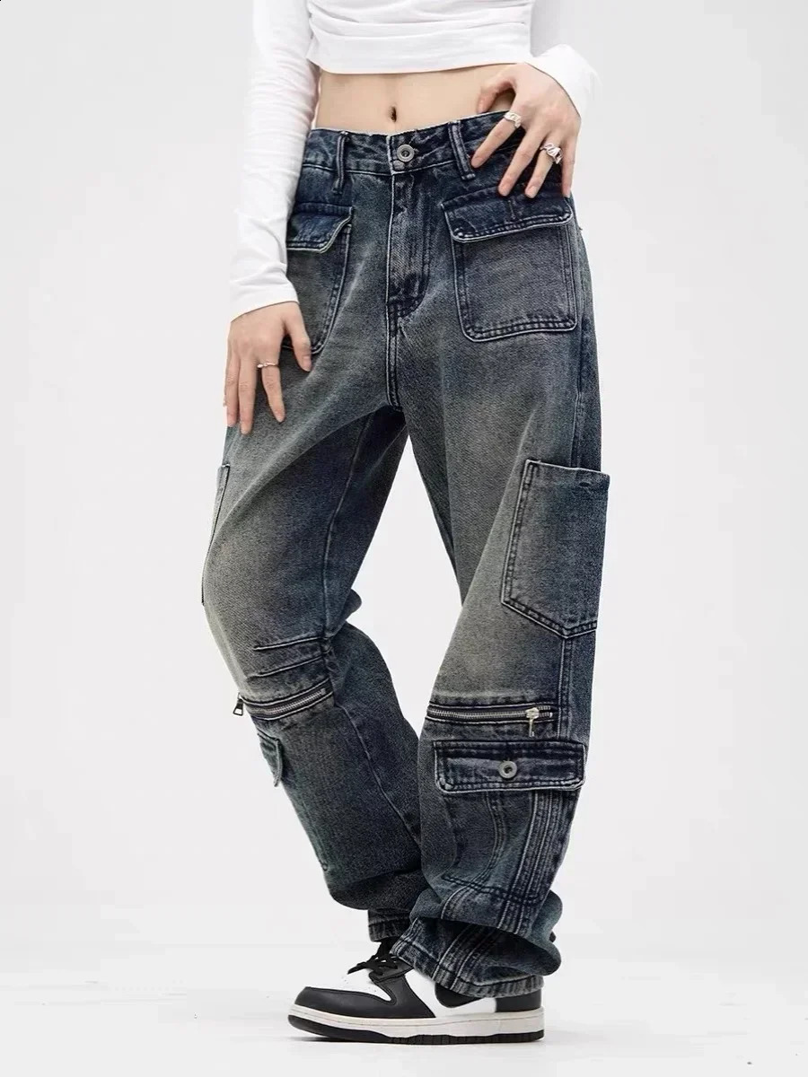 2024 Blue Womens Jeans Hip-hop Fashion Vintage Streetwear Y2K Wide Leg Straight Jean High Waist Trouser Baggy Cargo Denim Pants 240918