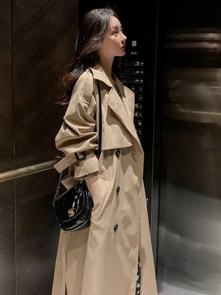 Lapel Women Trench Coat Topcoat Double-breasted Casual Coat Pure Color Autumn Winter Overgarment Waistband Windbreak JacketX240921