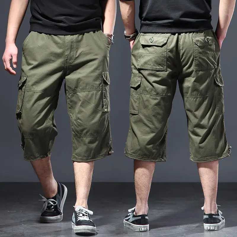 Summer Military Long Length Cargo Shorts Men Casual Cotton Multi Pocket Hot Breeches Tactical Army Capri Pants Cropped TrousersX240921