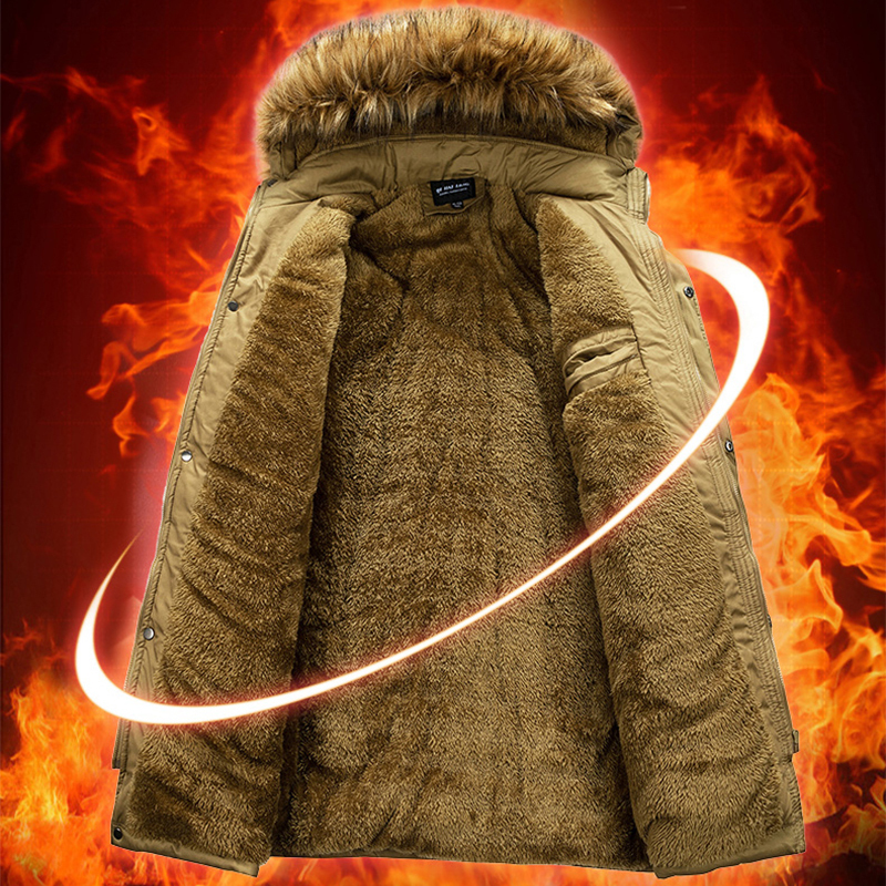Winter New Men Warm Thick Fleece Long Parka Mens Fashion Fur Collar Windproof Detachable Hat Jacket Brand Clothing Male