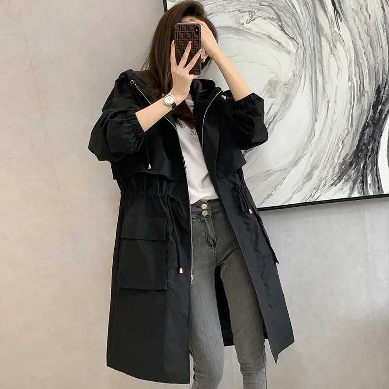New 2021 Spring Autumn Long Trench Coat Women Loose Hooded Overcoat Female Adjustable Waist Outerwear Korean Fashion WindbreakerX240921