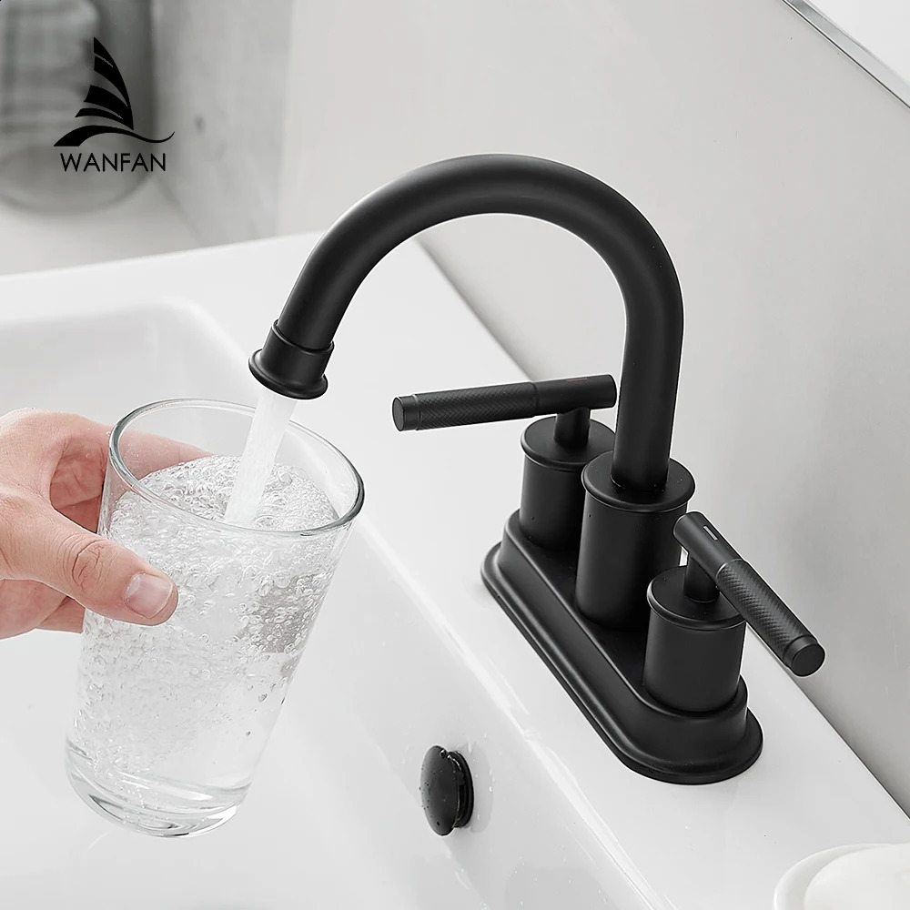 Basin Faucets Matte Black Deck Mounted Bathroom Sink Faucets 3 Holes Double Handle And Cold Water Mixer Tap 855111 240918
