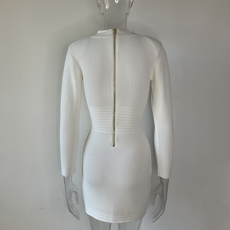 Harleyfashion New Fall Collection High Quality V-Neck Buttons Streetwear Casual White Sheath Knitted Dress