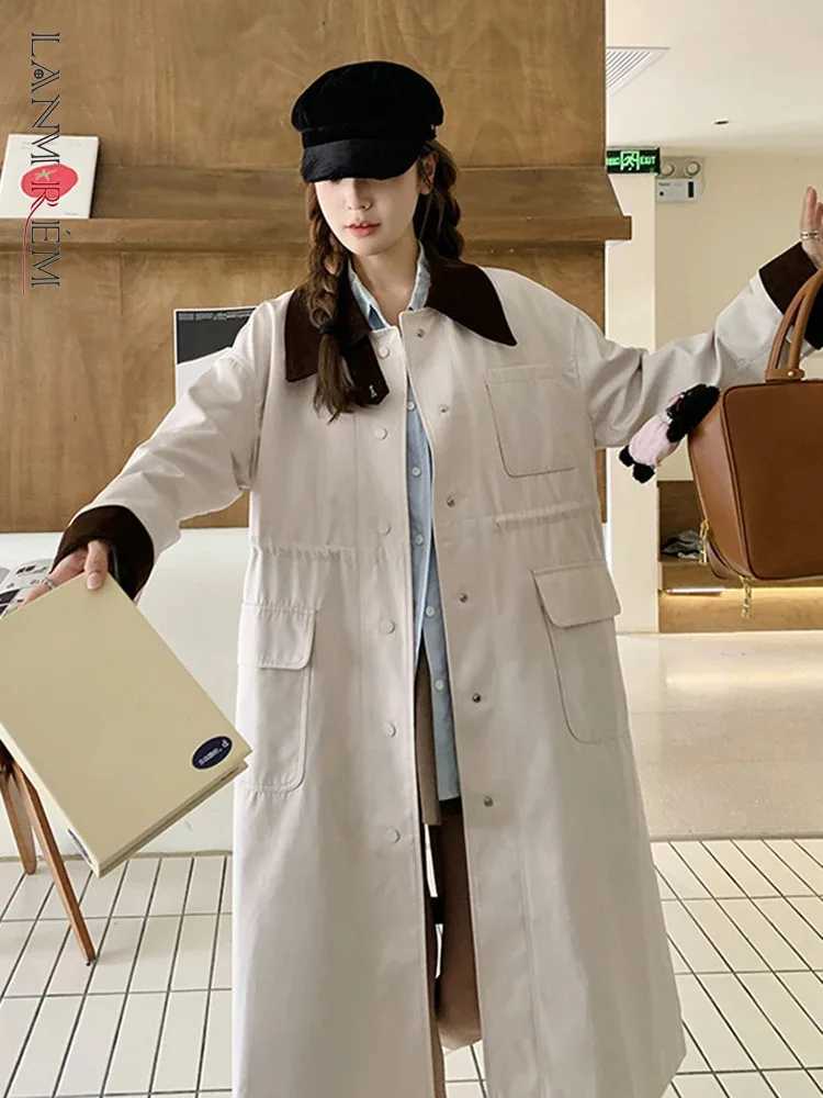 LANMREM Korean Block Color Trench Womens Lapel Single Breasted Drawstring Gathered Wasit Coats 2024 Autumn New Clothing 2Z2860X240921