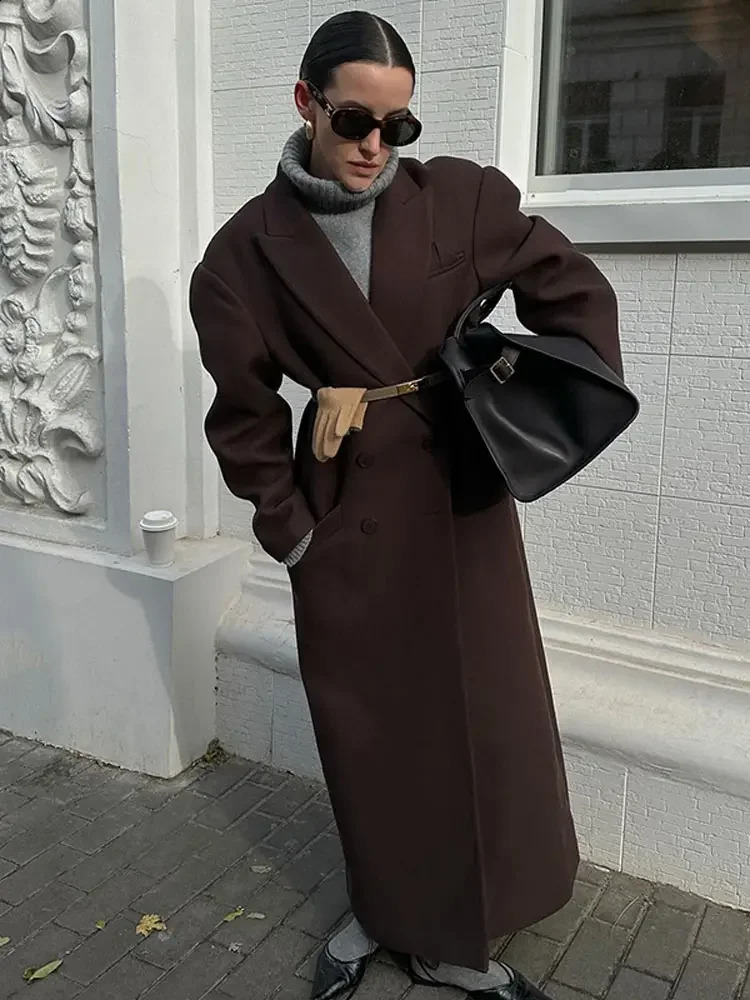 Elegant Double-breasted Padded Shoulder Overcoat Women Lapel Fashion Long Sleeve Casual Coats Fall Winter Lady High Streetwear 240911