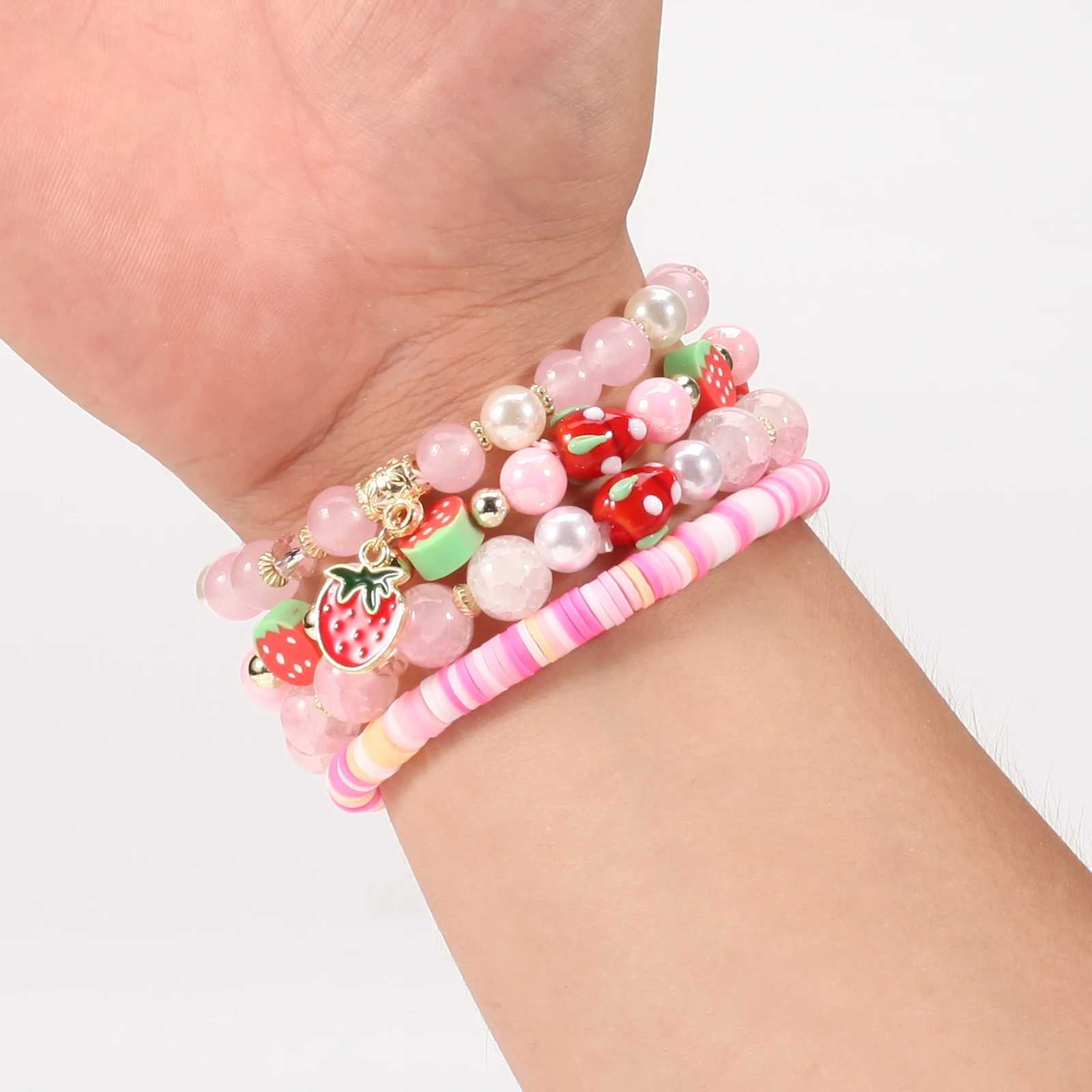 Strawberry Pendant Pink Beads Multilayer Stretch Bracelet Cute Fruit Design Hand Decoration Gift For WomenX240921