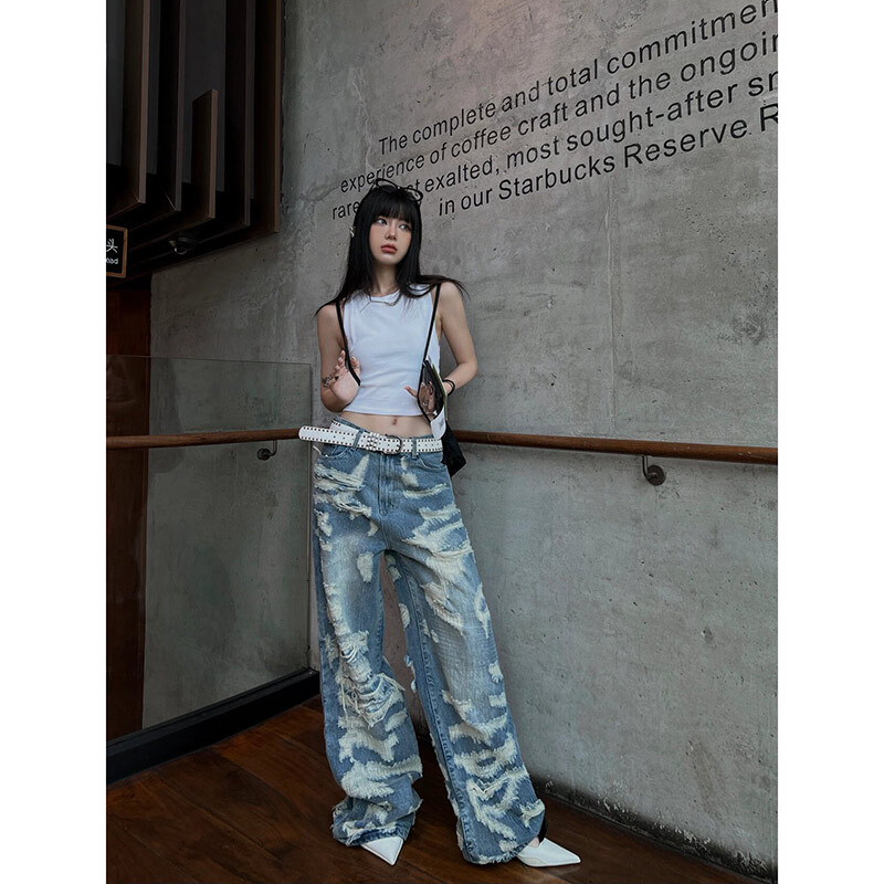 Women Blue Ripped Jeans Haruku Y2k 90S Aesthetic Oversize Denim Trousers High Waist Cowboy Pants Vintage 2000S Trashy Clothes