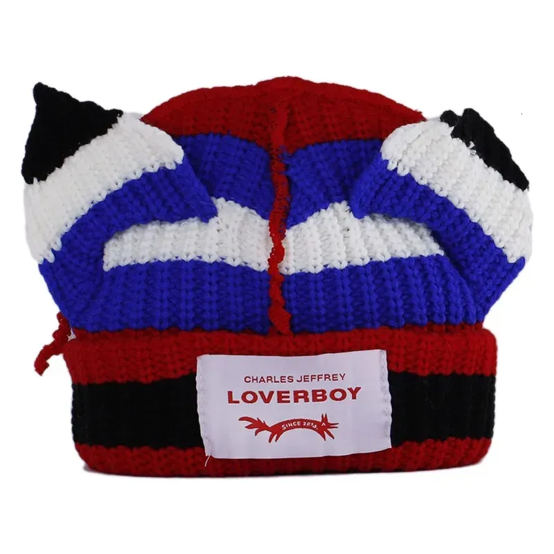 Beanie/Skull Caps Loverboy Cat Ear Knit Hat Autumn and Winter Double Layer Warm Hip Hop Cute Fashion Patch Hooded Niche Personalized ColdHat 231023