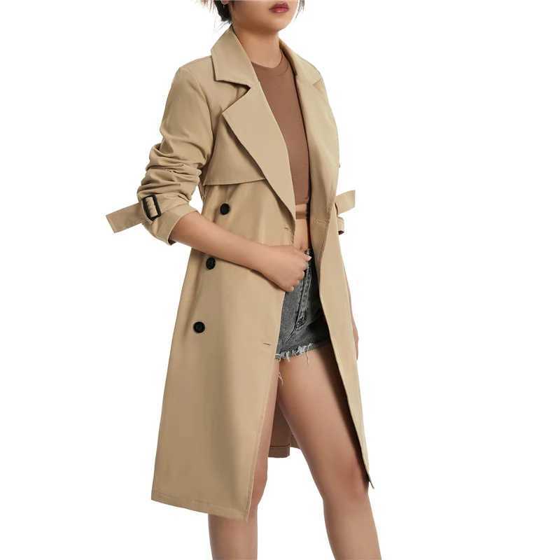 Ladies Casual Wind Coat Spring Autumn Girls Solid Color Long Sleeve Lapel Double-breasted Trench Outwear with Belt Khaki/GreenX240921