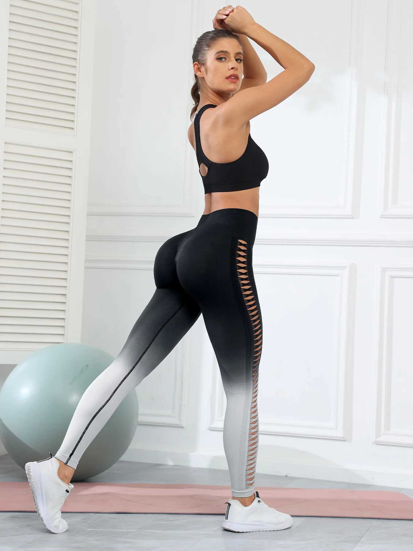 Yoga Outfit 2015 Gradient Gym Legging Womens Boots Enhance Tight Stretch High Waist Running Outdoor Hollow Pants H240921