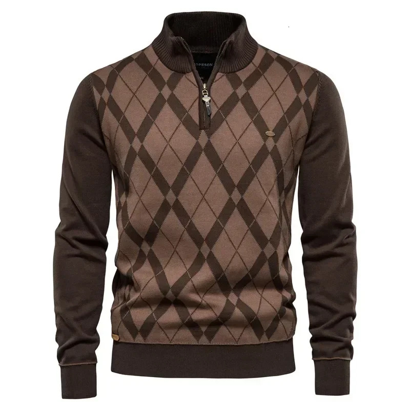 Autumn Winter Men's Half High Collar Zipper Plaid Long Sleeve Pullover British Fashion Casual Male Knitwear Sweater XXL