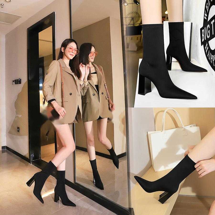CMM Sexy Slim Fit Thick Heels Ultra High Heels Elastic Lycra Pointed Slim Boots Womens Boots Short Boots