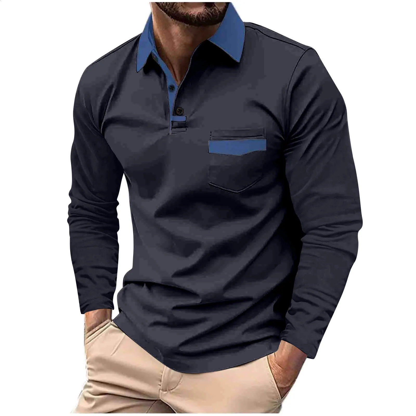 2024 Spring and Fall leisure business POLO shirt chest pocket mens lapel long-sleeved polo shirt 240914