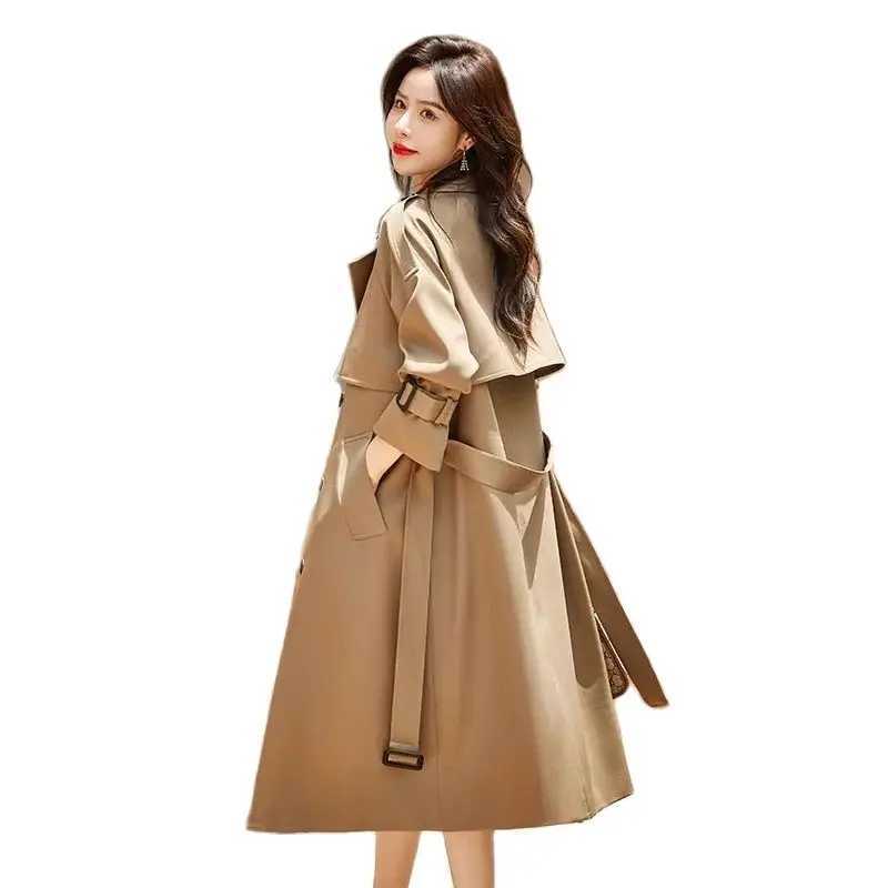 Lace-Up Windbreaker Female All Match Jacket 2024 Autumn Spring Jacket Women Zipper Coat Solid Color Tops Lining Long TrenchX240921