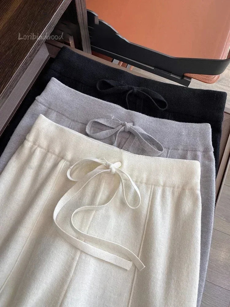 2024 Soft Waxy White Knit Wideleg Pants Womens Autumn and Winter Thick Wool Drop Casual Straight Floorlength Pants 240921