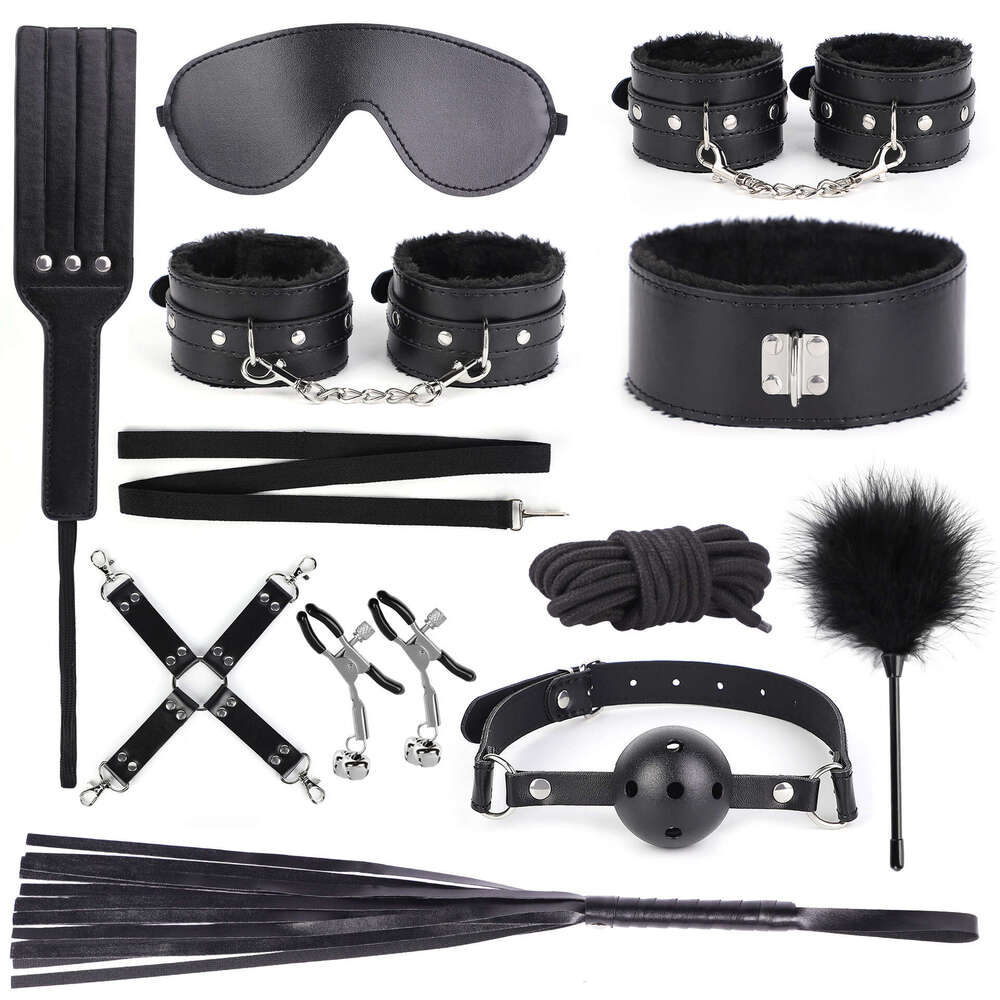 Cross border hot selling adult SM prop set, black PVC eleven piece set, erotic breast clip SM leather whip binding handcuffs