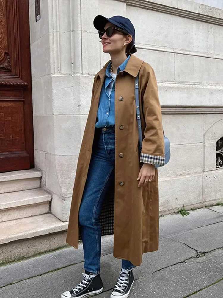 Women Plaid Lined Long Windbreakers Loose Lapel Single Breasted Long Sleeve Female Jackets 2024 Autumn Vintage Lady CoatsX240921