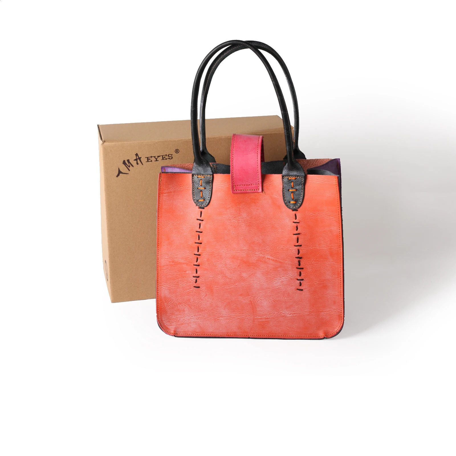 Womens Genuine Leather Bag Hand Stitching Multi Color Splicing 240919