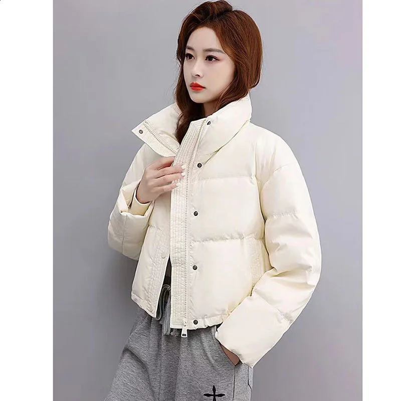 CoffeeMaillard Stand Up Collar Short 2024 Winter Petite Fashion Bread Warm Thickened PU Leather Down Cotton Jacket For Women 240919
