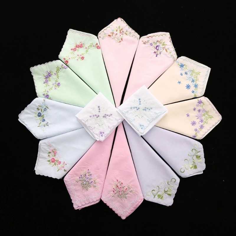 Cotton Ladies Handkerchiefs Vintage Floral Style Lace Edging Wedding Party Embroidery Women Girls Flower Hanky 28cm WholesaleX240921