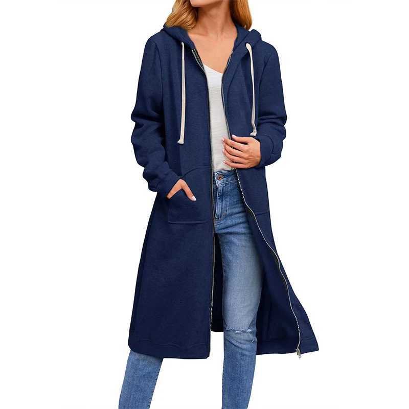 Womens Solid Color Hooded Zipper Coat Long Sleeve Pocket British Style Long Casual Loose Cardigan Coat Street WearX240921