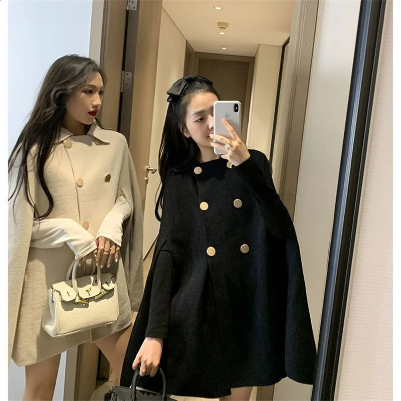 Fashion Woolen Poncho Coats for Women Autumn Winter Solid Cape Cloak Coat Loose Overcoat Female Double Breasted Lapel Jackets 240921 64