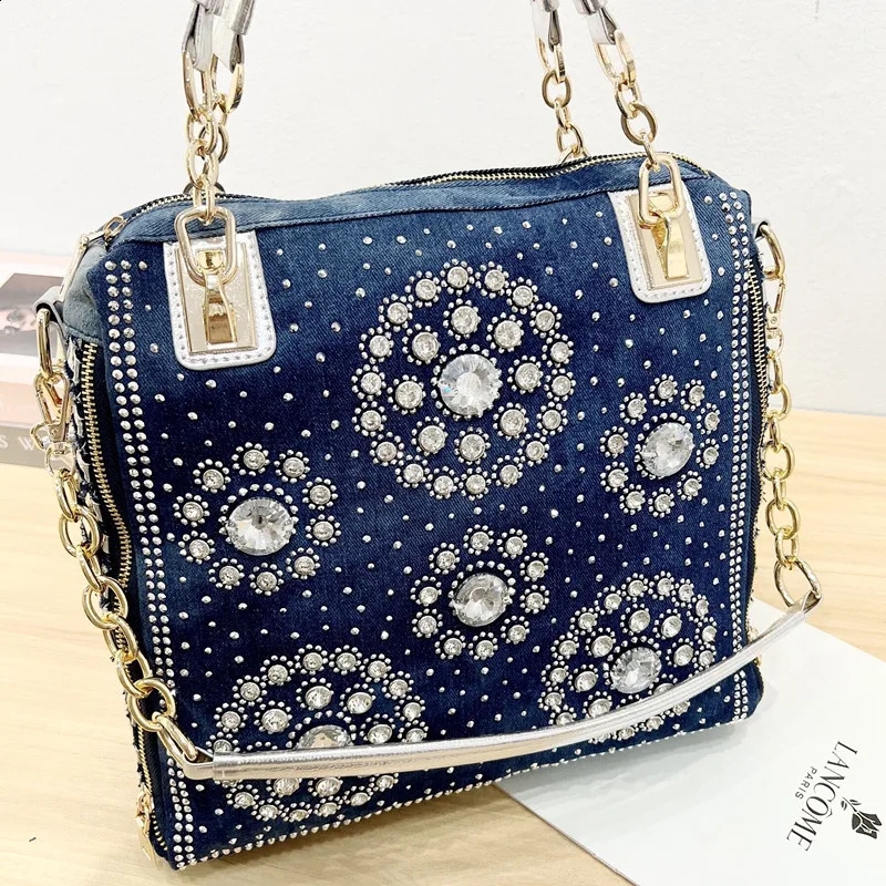 Denim jeans casual womens handbag ner woven shoulder bag rhinestone decoration messenger 240919
