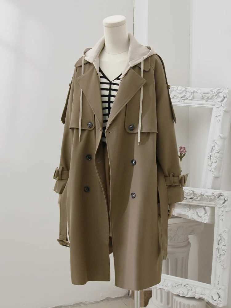PlusizeShe Spring Autumn Long Loose Casual Khaki Trench Coat for Women with Detachable Hood Double Breasted Korean Fashion 2024X240921
