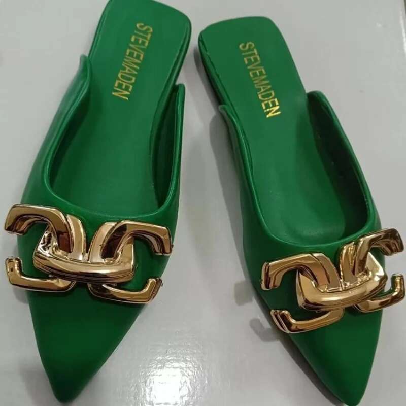 Mules Women Plus Size 42 Summer Fashion Metal Chain Flats Pointed Toe Women's Slippers Ladies Casual Shoes Outside Slides