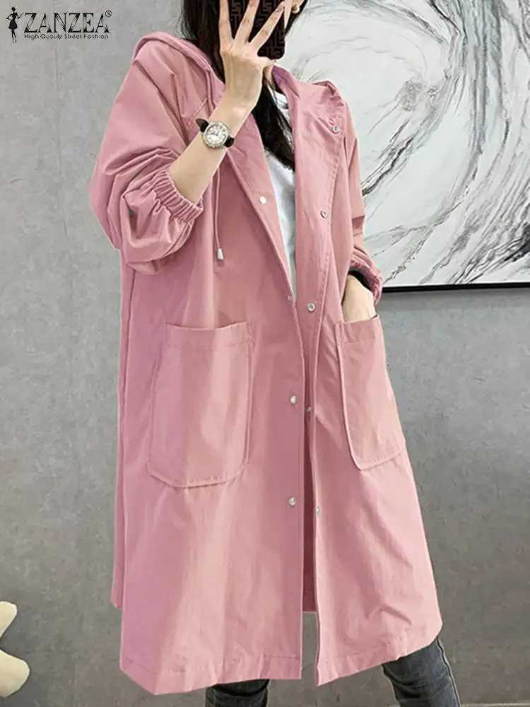 ZANZEA Fashion Women Windbreaker Spring Long Sleeve Hoodies Long Jackets Casual Loose Hooded Coats Holiday Buttons Down OutwearX240921