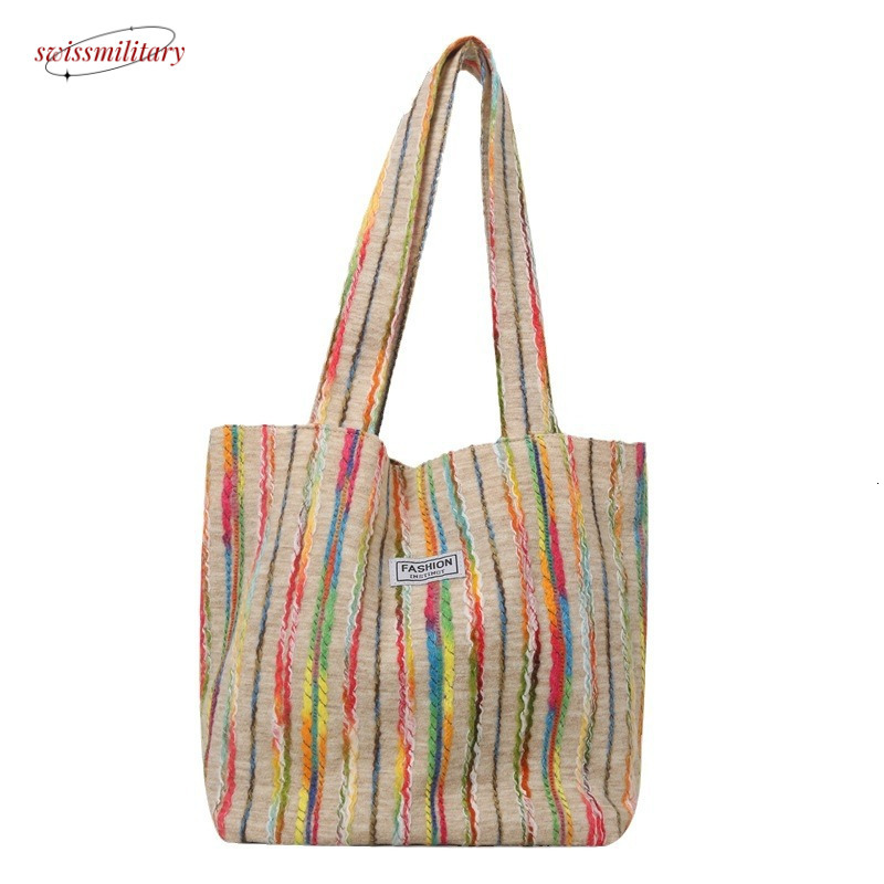 Single shoulder for women, large capacity Korean version ins embroidery rainbow stripe commuting canvas bag, summer tote bag #26 Swissmilitary