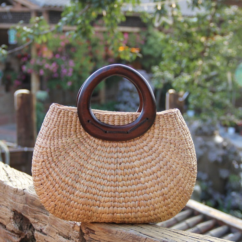 Summer New Wooden Handle Grass Woven Bag Handheld Leisure Small And Fresh Women's Handbag