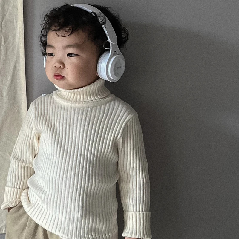 Winter Children Girls Knitted Sweater Basic Stripe Thick Zipper Turtle Neck Boys Knitted Top 240918