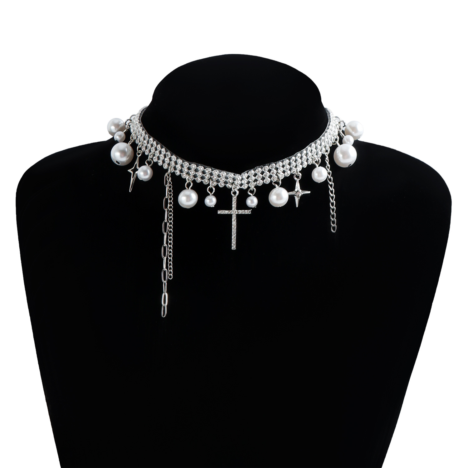 Stainless Steel Crystal Pearls Choker Sweet Cool Fringe Cross Collar Necklace For Women Silver Plated Y2K Accessories Luxury Tassel Jewelry Party Wedd
