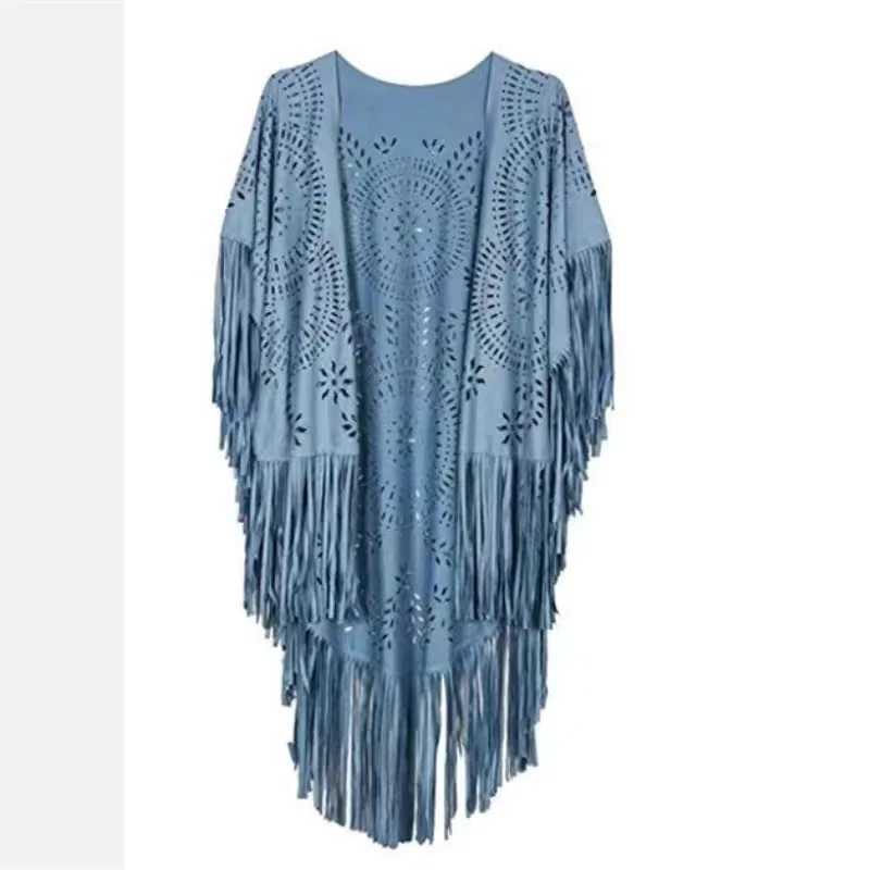 Camel suede flower hollow edge tassel shawl womens retro shawl raincoat autumn bohemian open cape bohemian shawl W240921