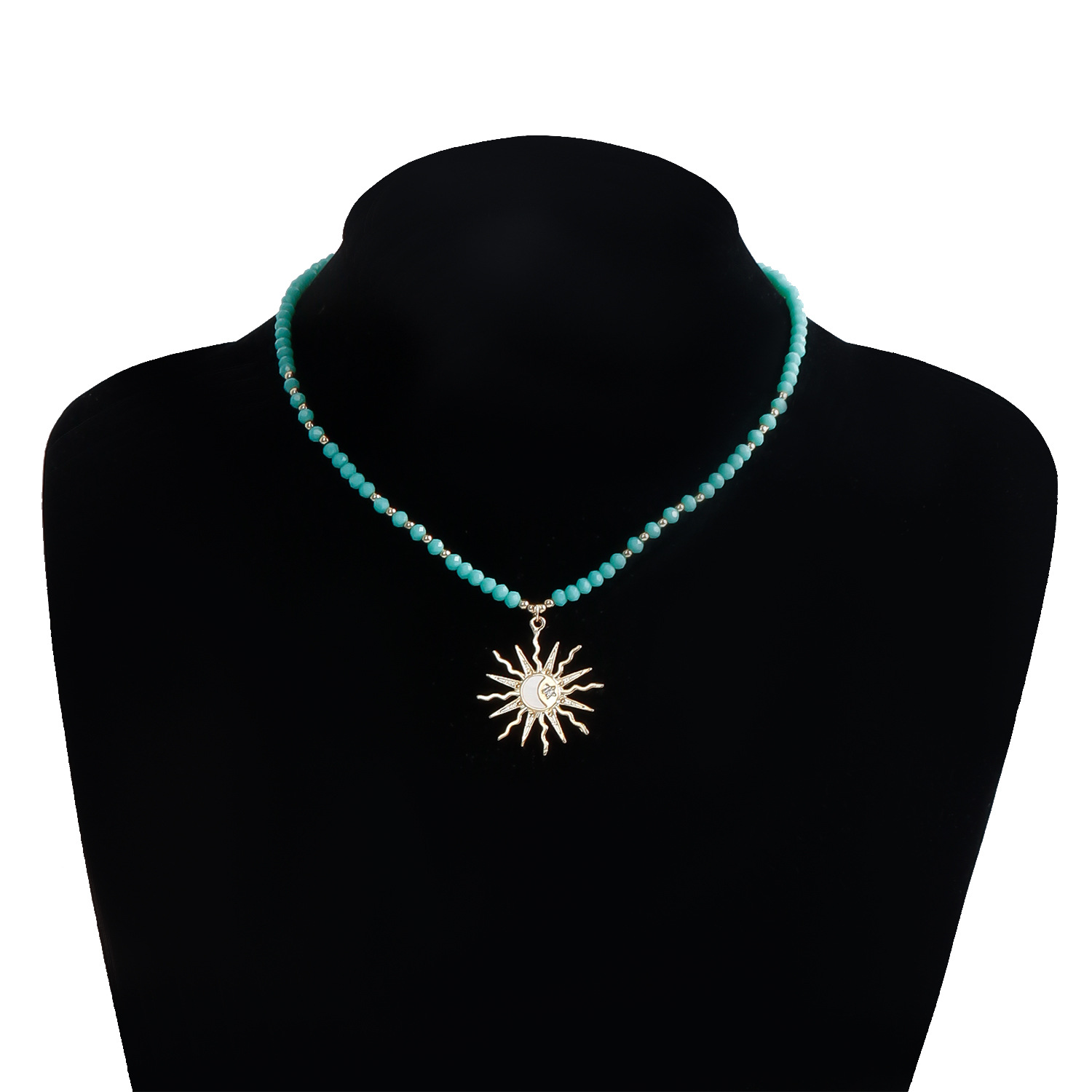 Beaded Crystal Choker Necklace with Sun Pendant for Women Fresh & Unique Green Blue Bohemian Gold Plated Y2K Jewelry Party Daily Outfit Gifts Girls
