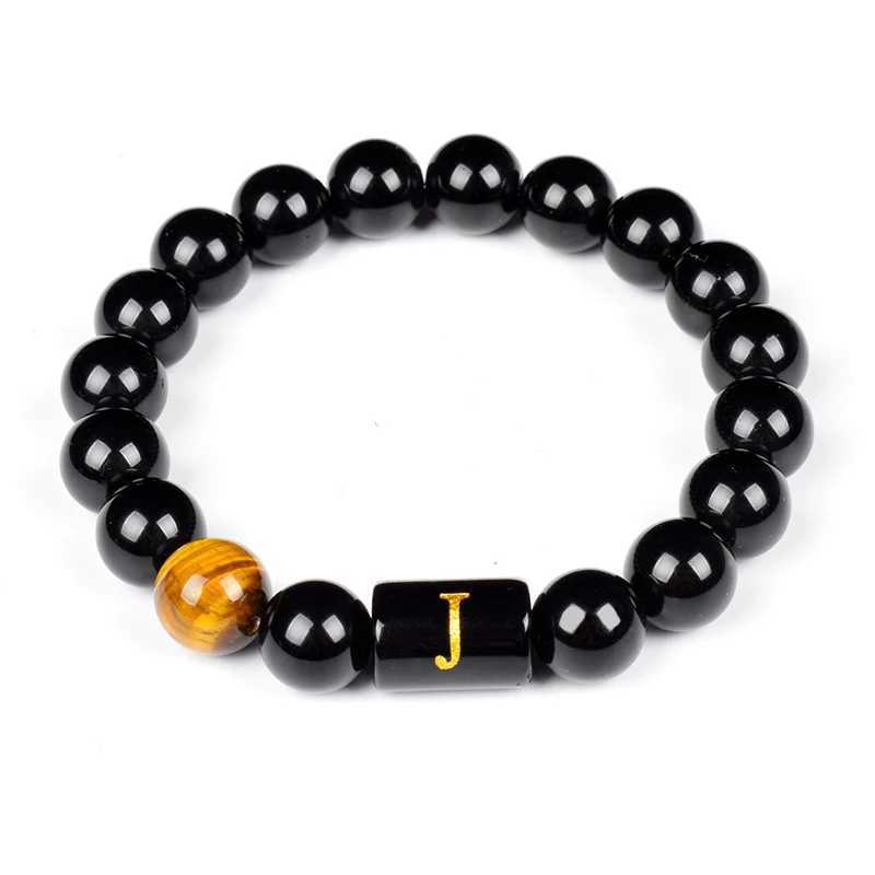 Initials Bracelets for Men Letter Link Handmade Natural Black Onyx Tiger Eye Stone Beads Bracelet Polished Black Agate BanglesX240921