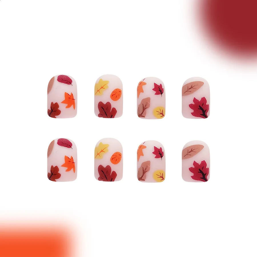 24Pcs Short Square Press on Nail Fiery Red Maple Leaves Gentle Falling leave Fake Nail Autumn and Winter wearable Nail for Women 240914