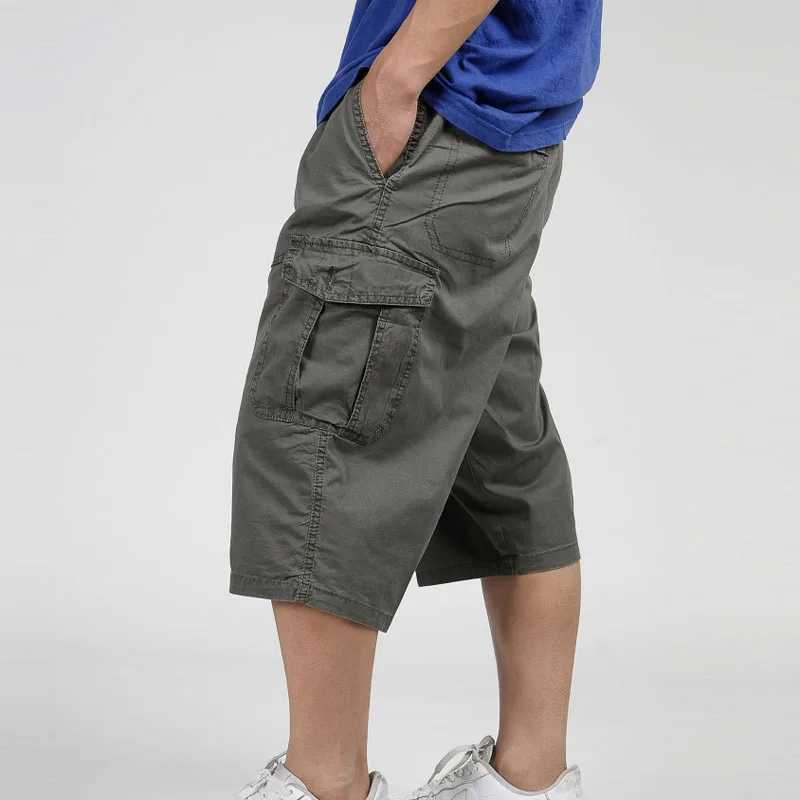 2023 Men Summer Multi-Pocket Baggy Cargo Cotton Calf Length Pants Casual Trouser Male Large Solid Color Shorts Plus Size Xl-6XlX240921
