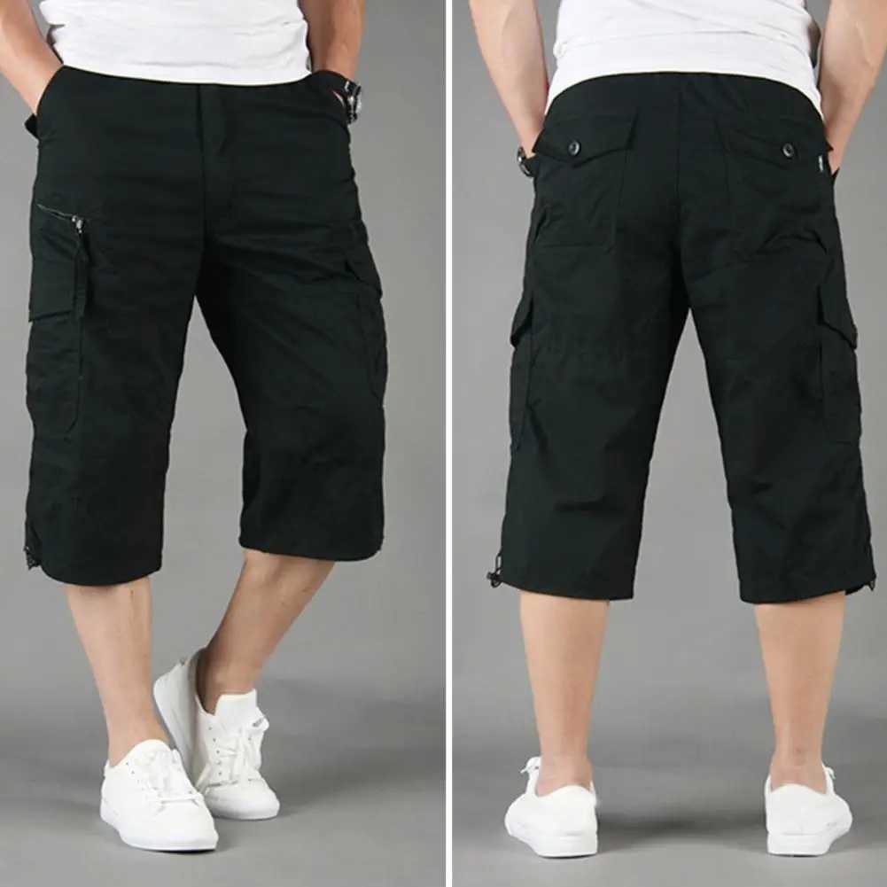 Knee Length Cargo Shorts Mens Summer Casual Cotton Multi Pockets Breeches Cropped Short Trousers ShortsX240921