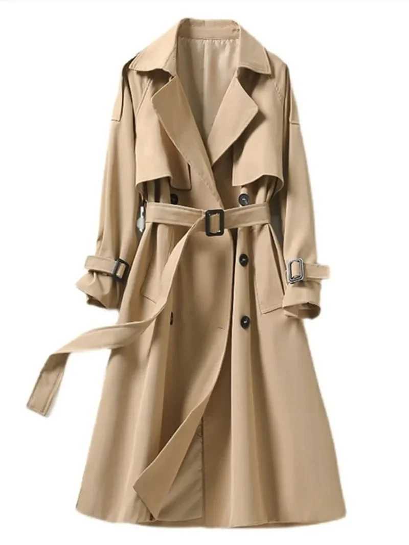 Elegant Khaki Long Trench Coats for Women Vintage Double Breasted Black Windbreaker Korean Casual Loose Long OverCoat StreetwearX240921